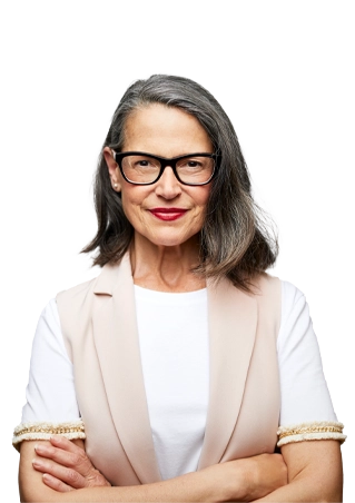 Woman in white with glasses