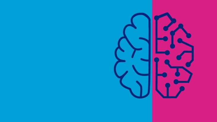 Half blue, half pink banner with graphic of the two halves of brain