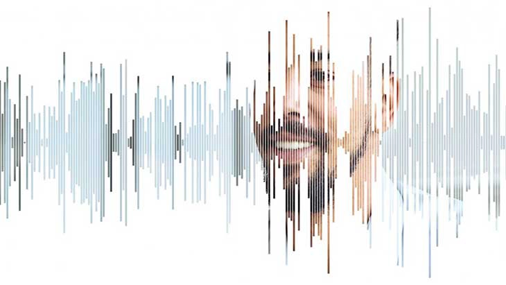 Man's face behind voice graphic