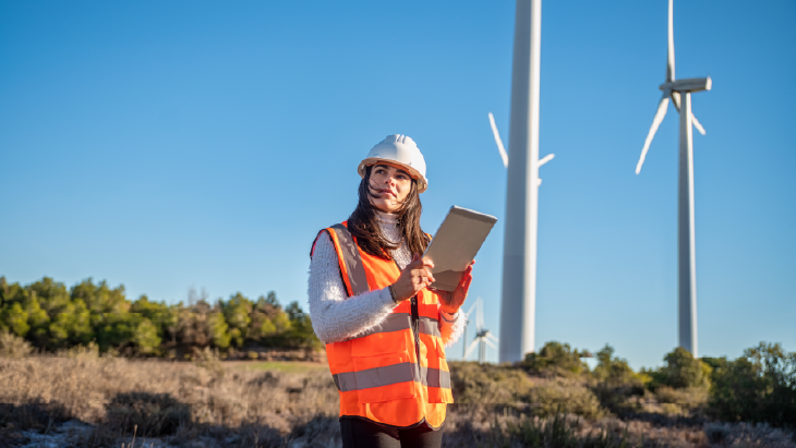 Green professional surveying wind turbines 